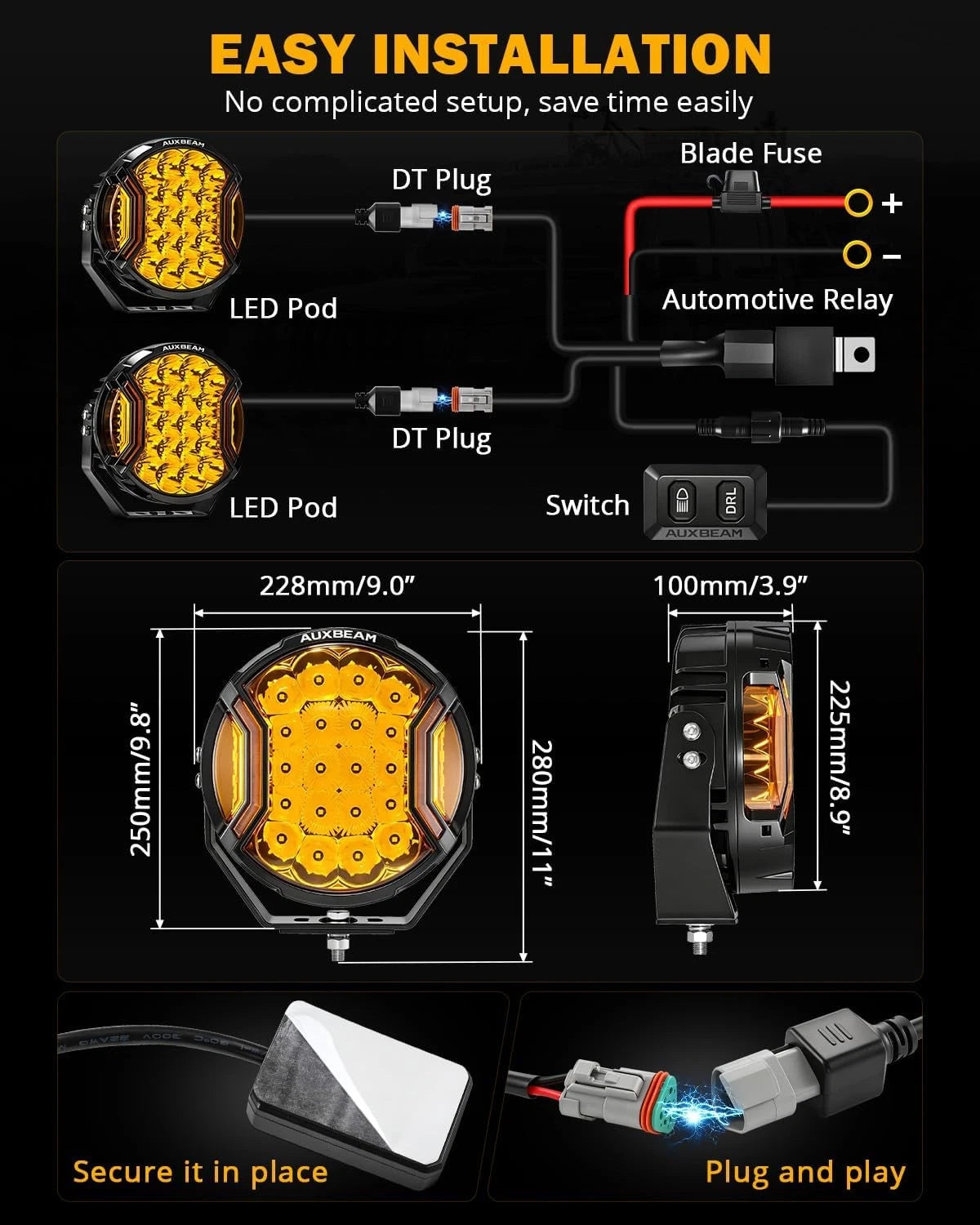 AUXBEAM 9"inch 300W V-Ultra Series Ambar